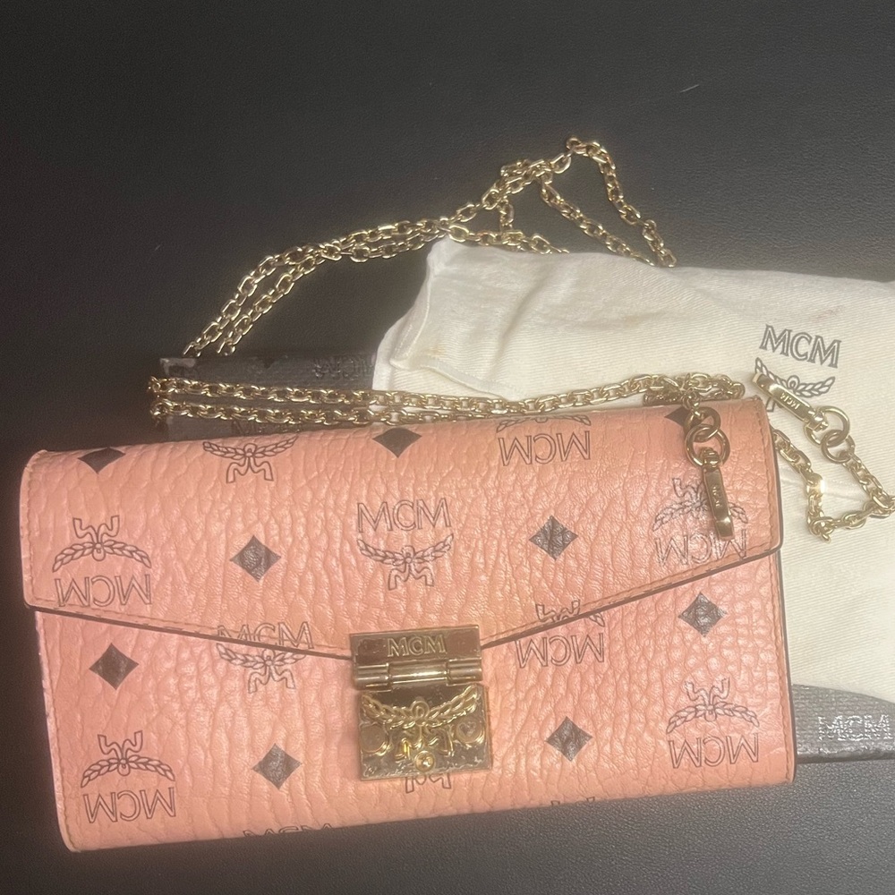 MCM Blush Pink Logo Leather Crossbody with Gold Chain
